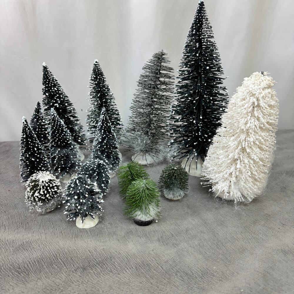 Evergreen Bottle Brush Trees Shrubs Greenery Lot of 15 Christmas Village Snowy